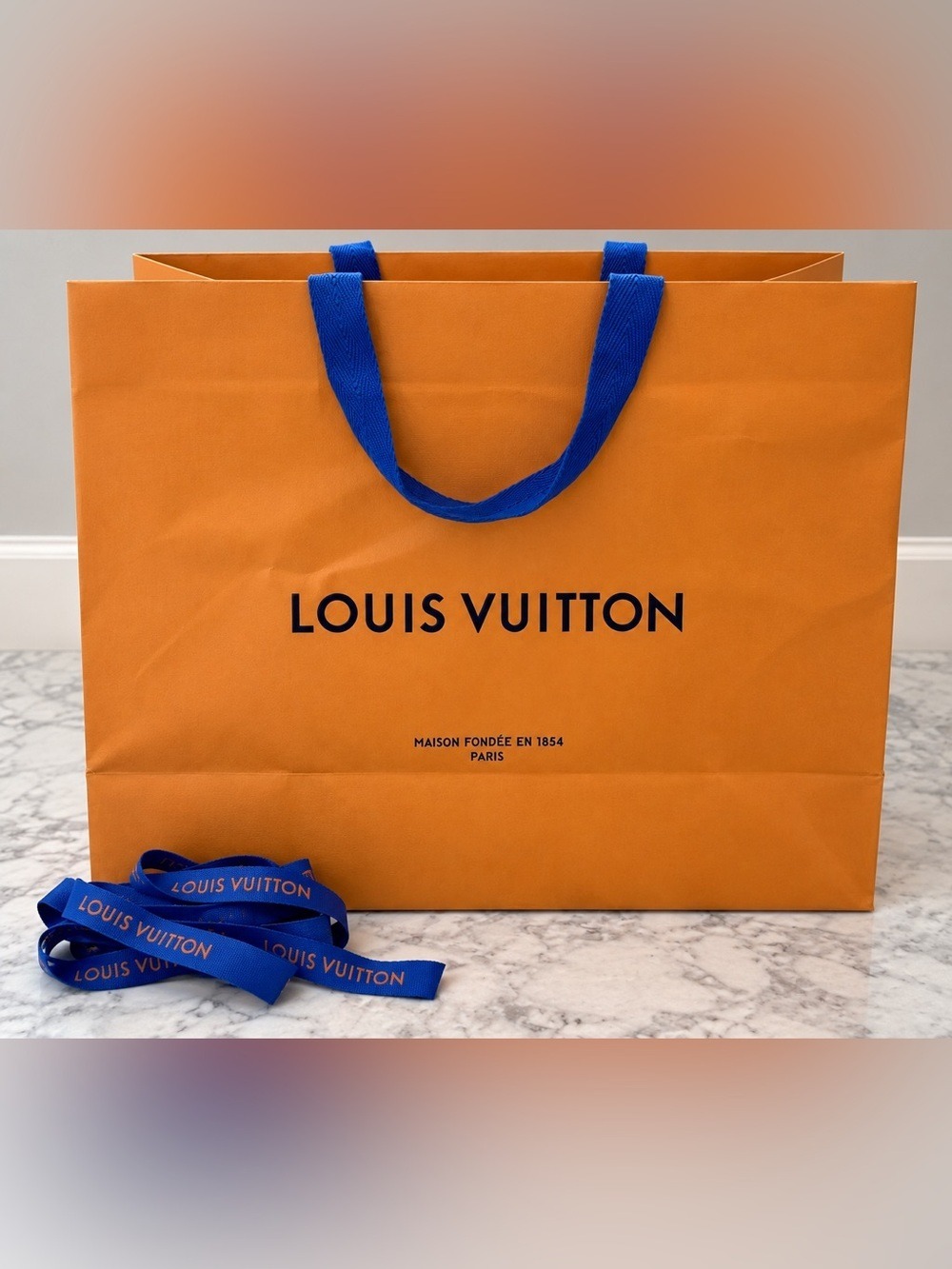 Louis Vuitton Large Orange Shopping Bag Blue Ribbon 16” x 13.5” x 11” - Picture 2 of 6